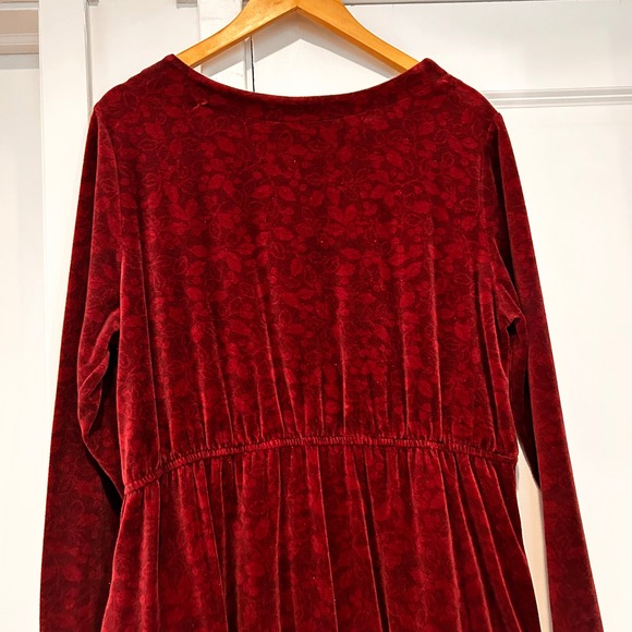 VTG Vermont Country Store Burgundy Velvet Burnout Floral Midi Dress Large Modest - Picture 5 of 9